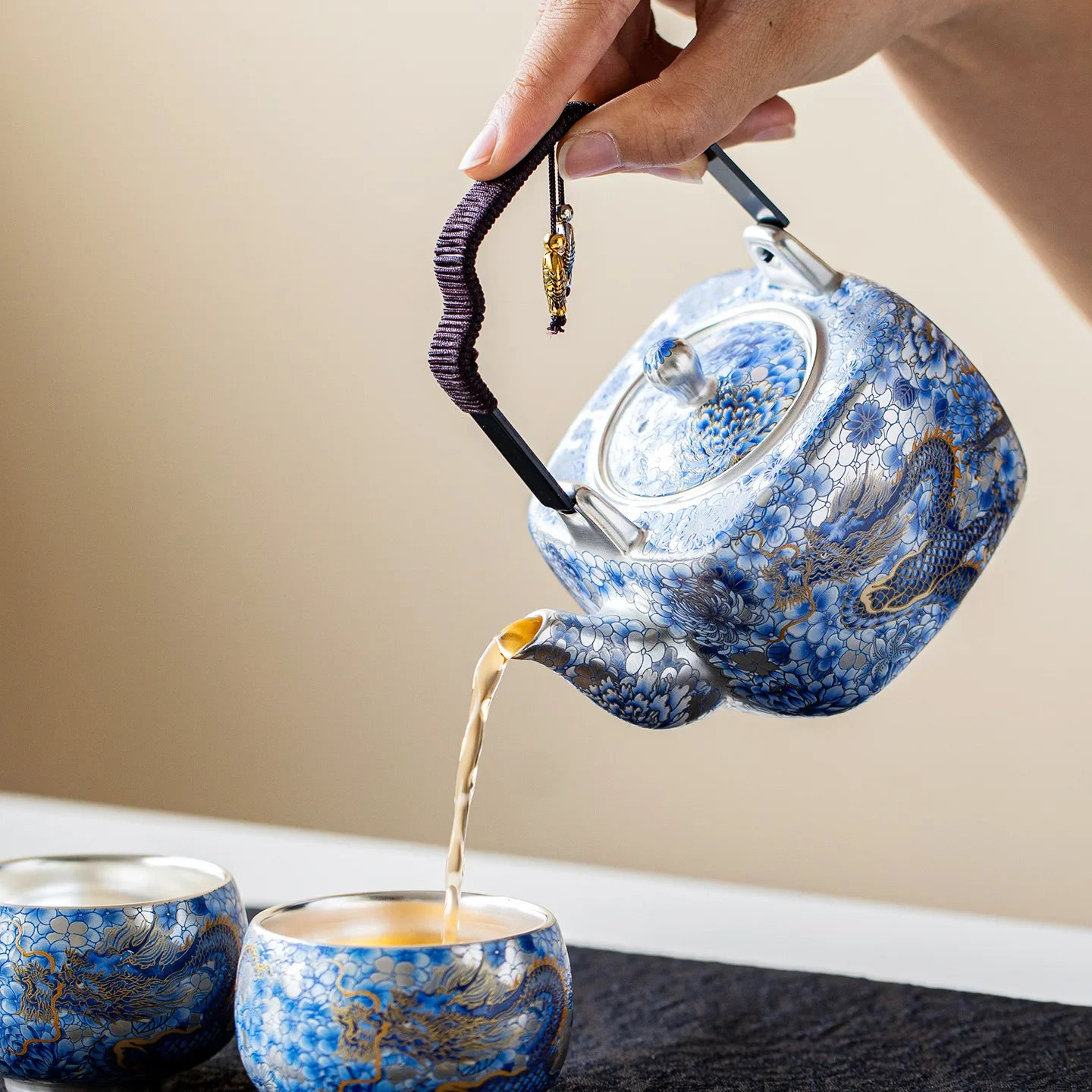 Gilded Silver Blue and White Dragon Phoenix Bridge Tea Set Complete  Aesthetic Tea Ceremony Set Teapot and Cup  Cha