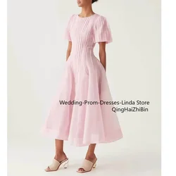 Pink O-Neck A-line Tea-Length Organza Form Evening Dresses for Women Prom Gowns Birthday Party Dress 2024 Customized