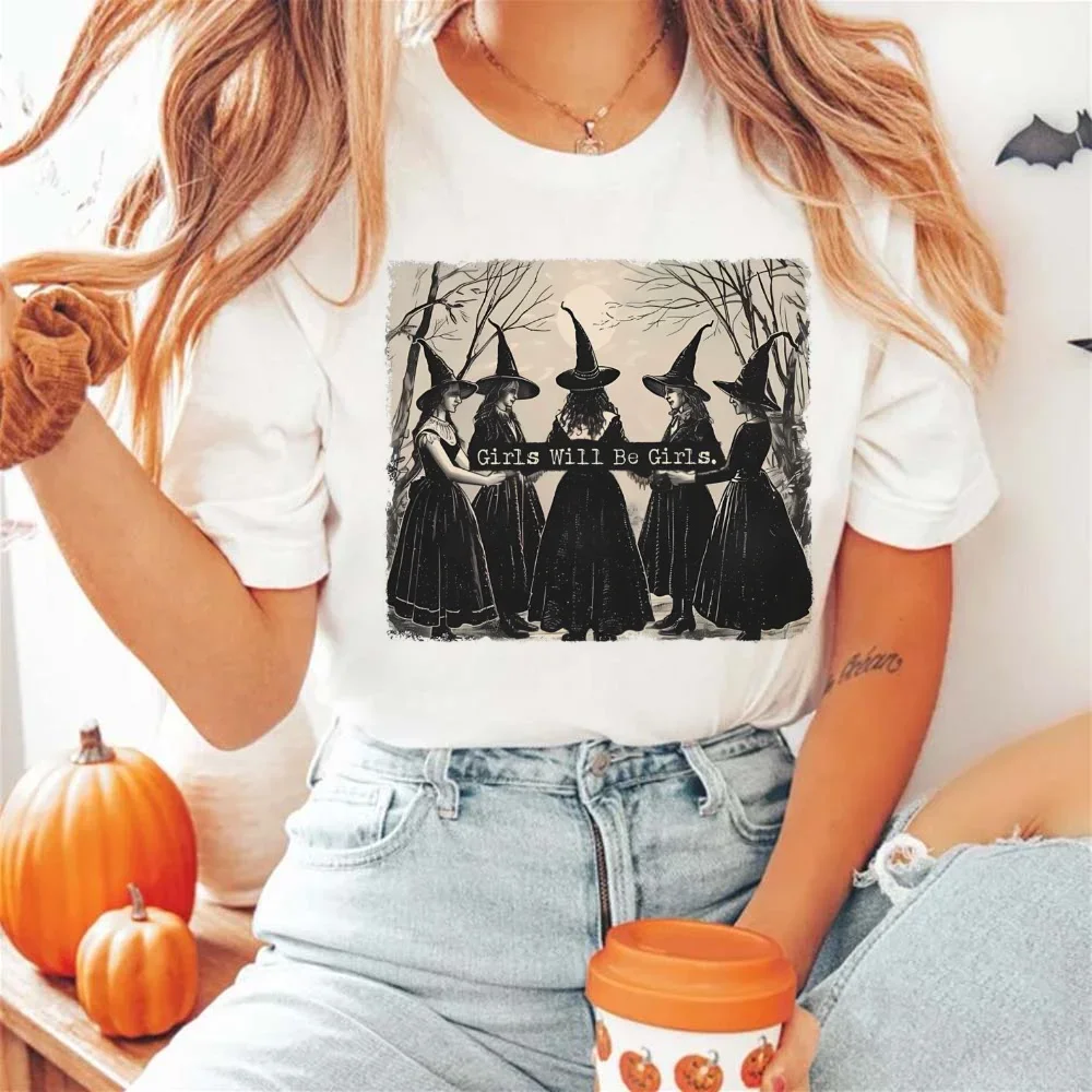 Pattern Girls Will Be Girls Witches Halloween T-Shirt Retro 90s Cute Women's Fashion Clothing Short Sleeve Printed Casual T-Shir