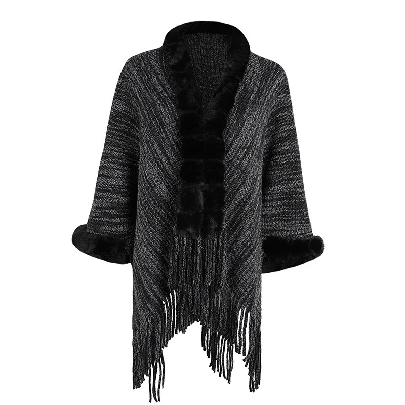 

Autumn Winter Warm knitted Imitation Wool Collar Tassel shawl Fashionable Upscale Poncho Lady Capes Black Cloaks