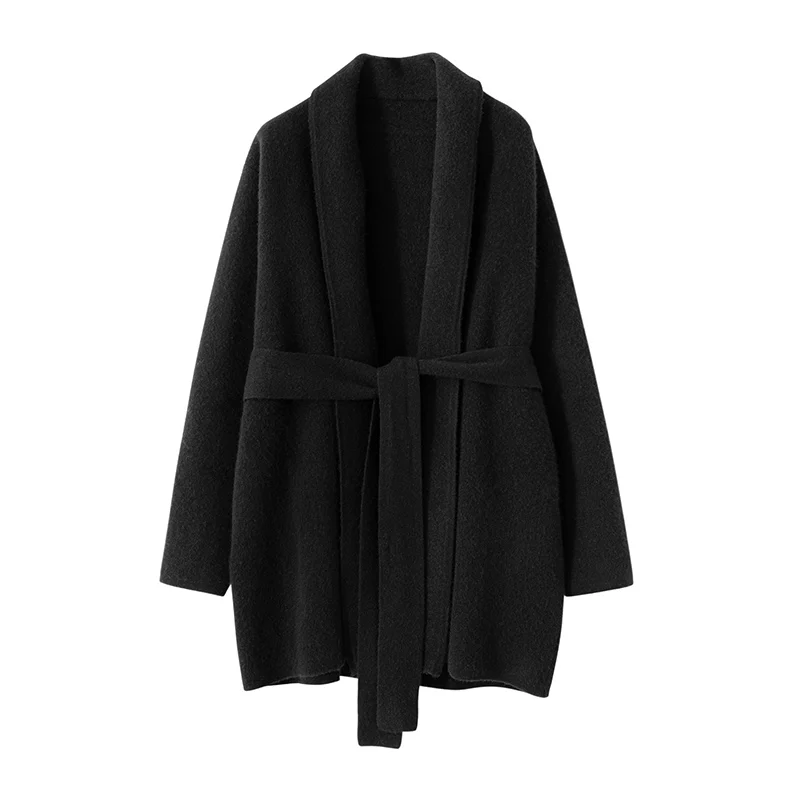 High-end 100% Cashmere Sweater Women Turn-down Collar Cardigan Mid-Long Coat Autumn Winter Thick Warm Loose Knitwear Clothing