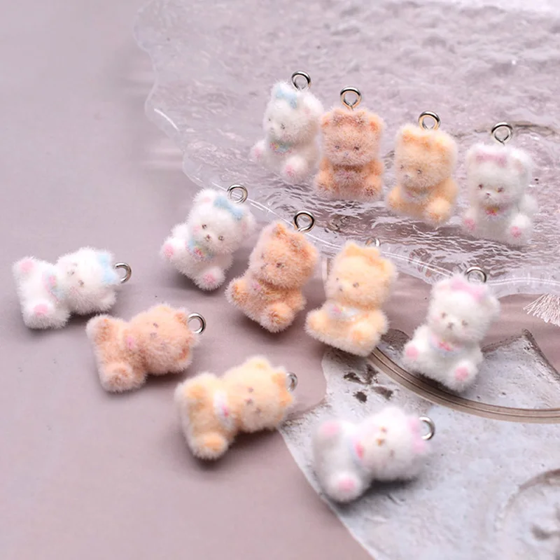 1pcs Resin Material Cute Cartoon Animal Dog Duck Bear Rabbit Chicken Flocking Resin Charms Pendant For Jewelry Making DIY