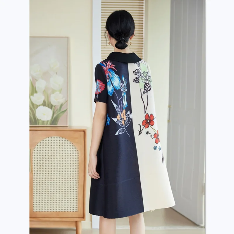 Dress woman New 2024 Summer Vintage Printed Beading Patchwork Stretch Miyake Pleated Loose Turndown Collar Clothing Knee Length