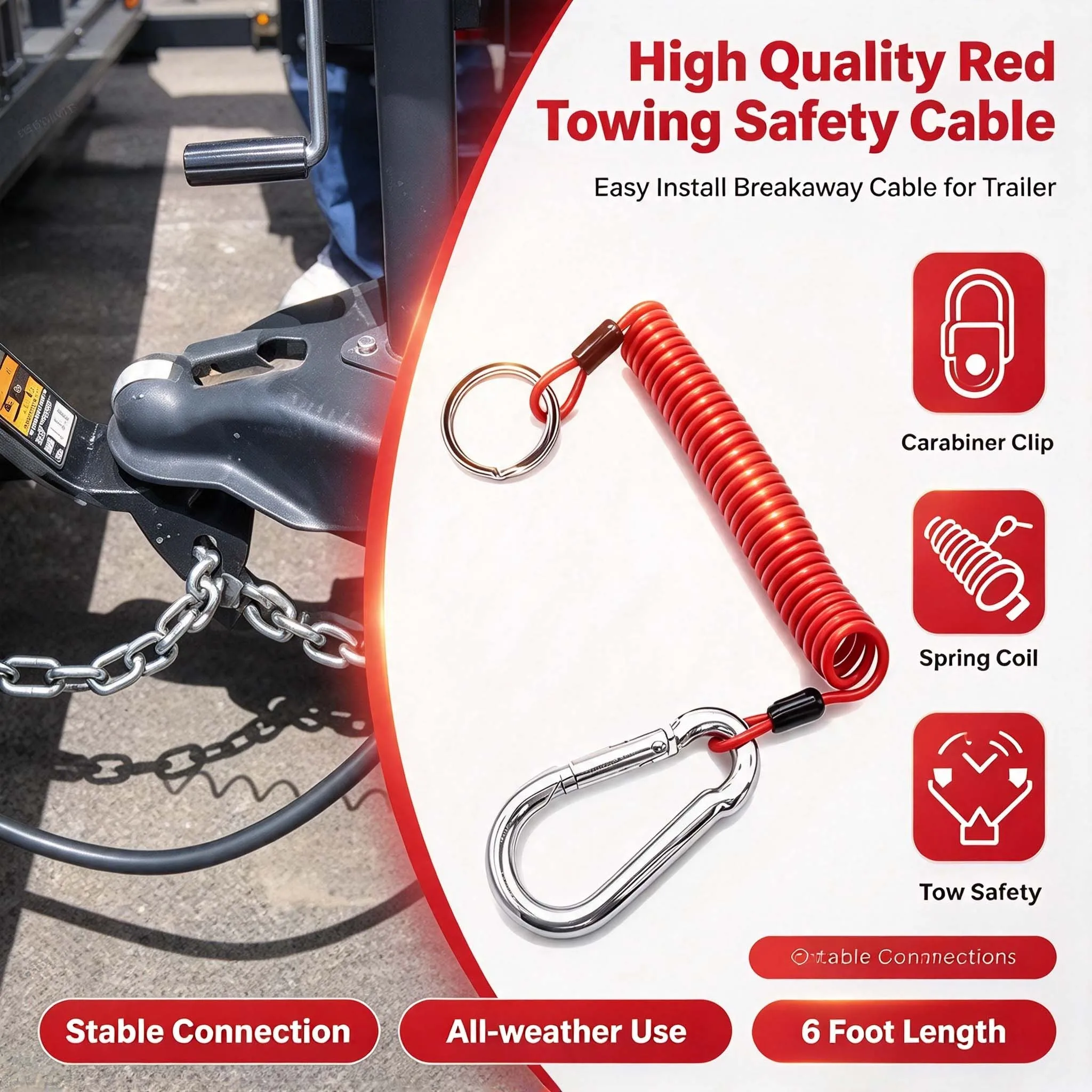 Towing Safety 6FT Coiled Design Breakaway Trailer Cable Easy Install High Quality Red Color for Towing Vehicles Parts