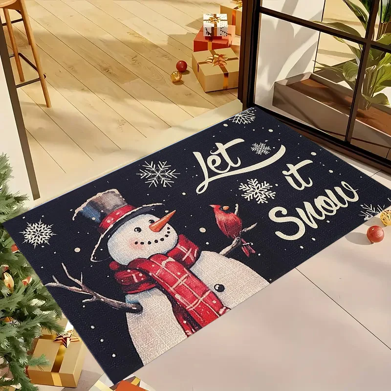 Cozy Dark Blue Snowman Red Bird Let It Snow Script Print Durable Washable Floor Mat For Winter Holiday Front Doorway Accent