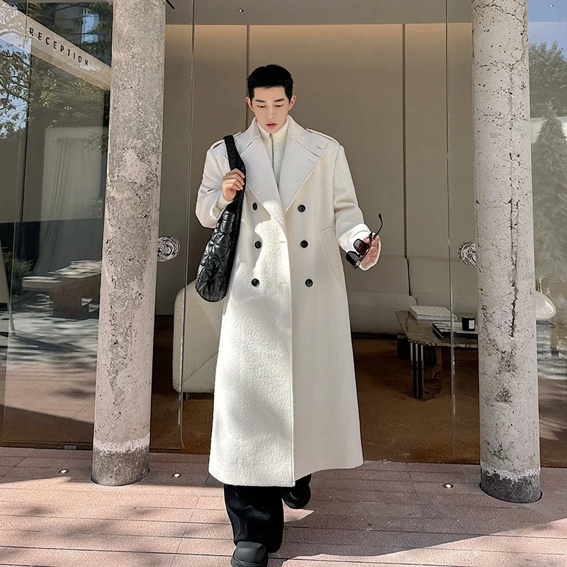 

Winter Thickened Style Men's Long Coat White Woolen Coat Cleanfit Suit Jacket Korean Version Fashionable Outerwear