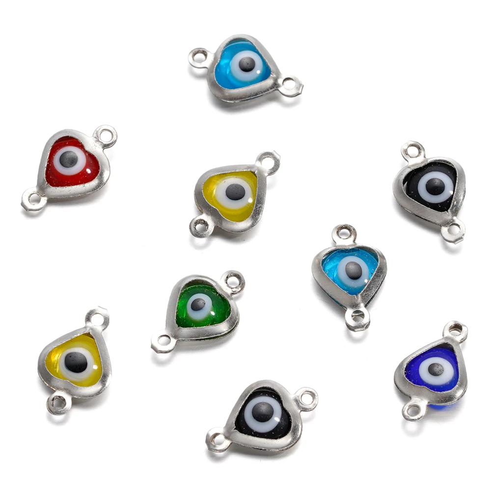 10pcs/lot Stainless Steel Evil Eye Heart-shaped Charms Double Loop Pendant Connectors For DIY Bracelet Jewelry Accessories