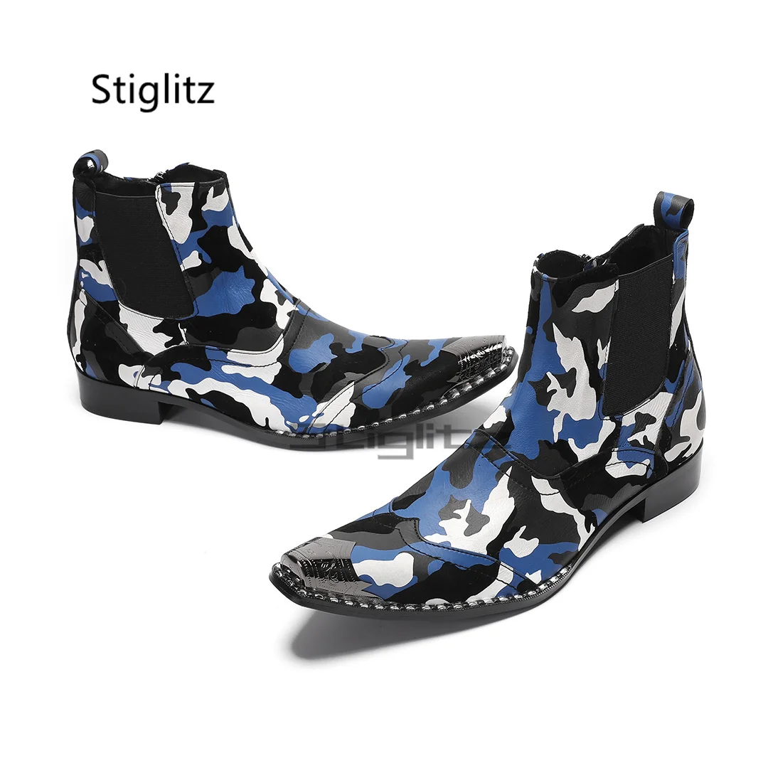 Blue Black White Prints Men's Boots Retro British Style Genuine Leather Ankle Boots Metal Toe Graffiti Chelsea Boots Male Shoes