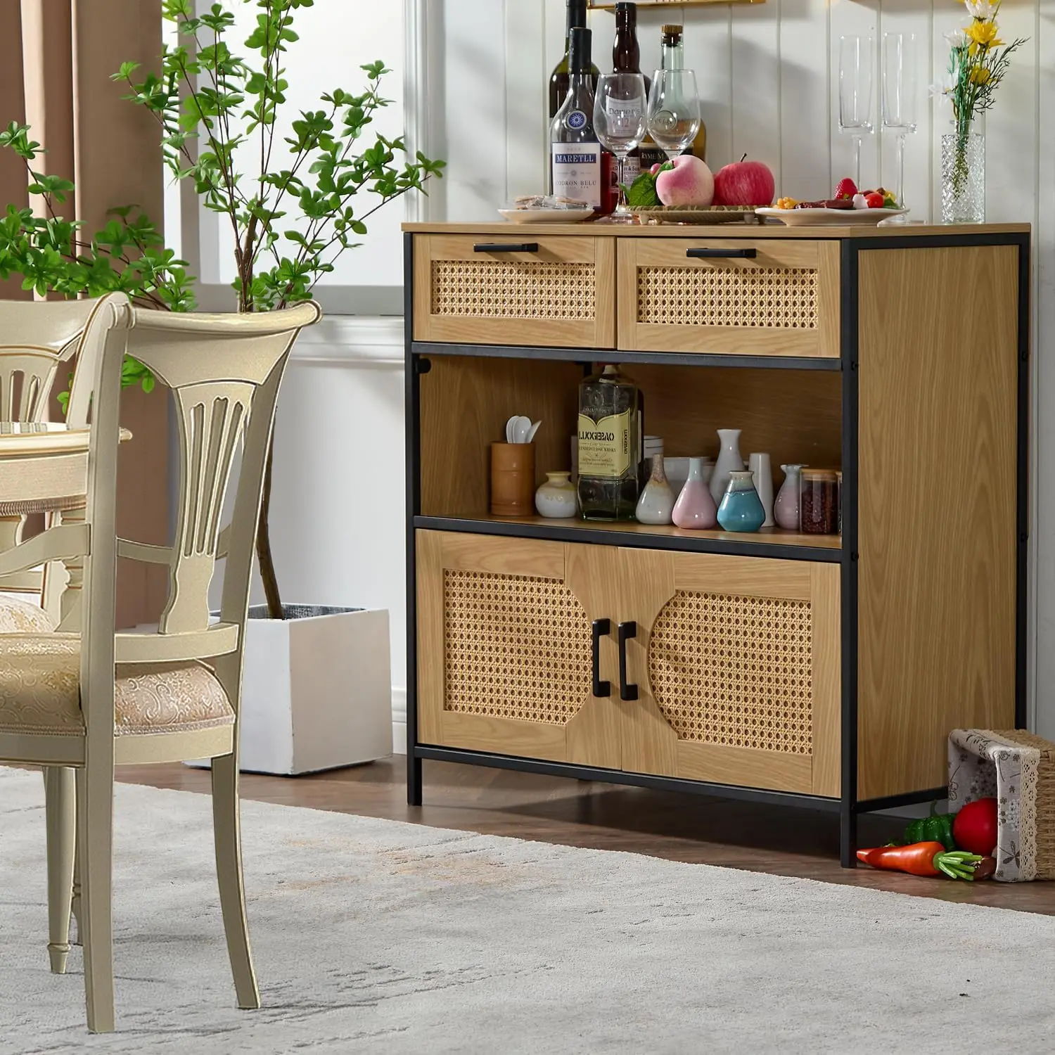 Sideboard Cabinet with Charging Station, Kitchen Storage Cabinet with Rattan Decorated Doors, Cupboard Console Table Side