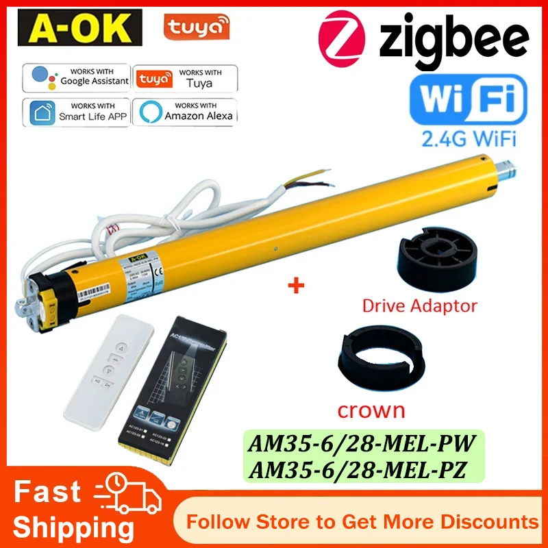 

A-OK AM35 6/28 Tuya WiFi +RF433 Smart Blinds Tubular Motor for 40mm/45mm/47mm/50mm Tube Rolling Shutter,via Alexa Google Home