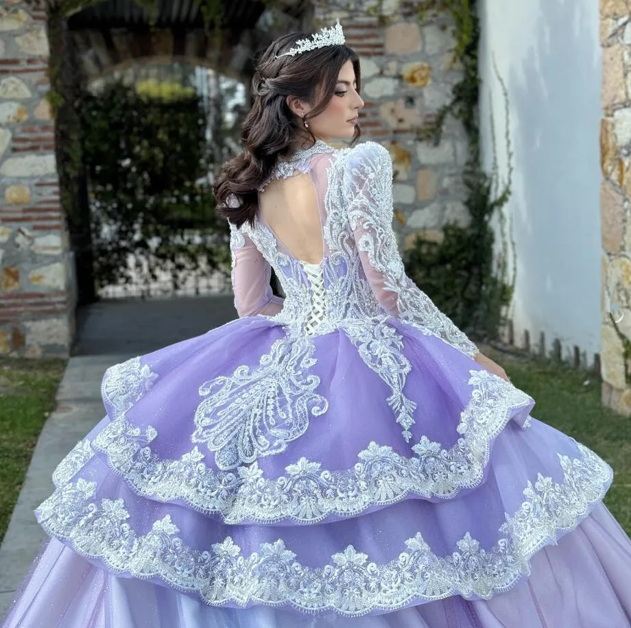 Lila Lavendel Print cess Quince anera Kleider Langarm Glitter Applique Spitze Schößchen Vestidos de 15 Años Quinceañeras 2024 Lujo