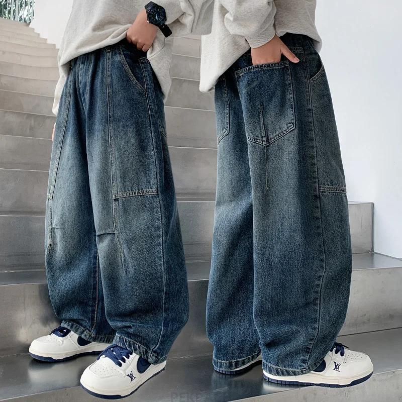 

Minimalism Style Children Loose Straight Curved Jeans For Teen Boys Fashion Solid Color Blue Denim Pants Kids Casual Trousers