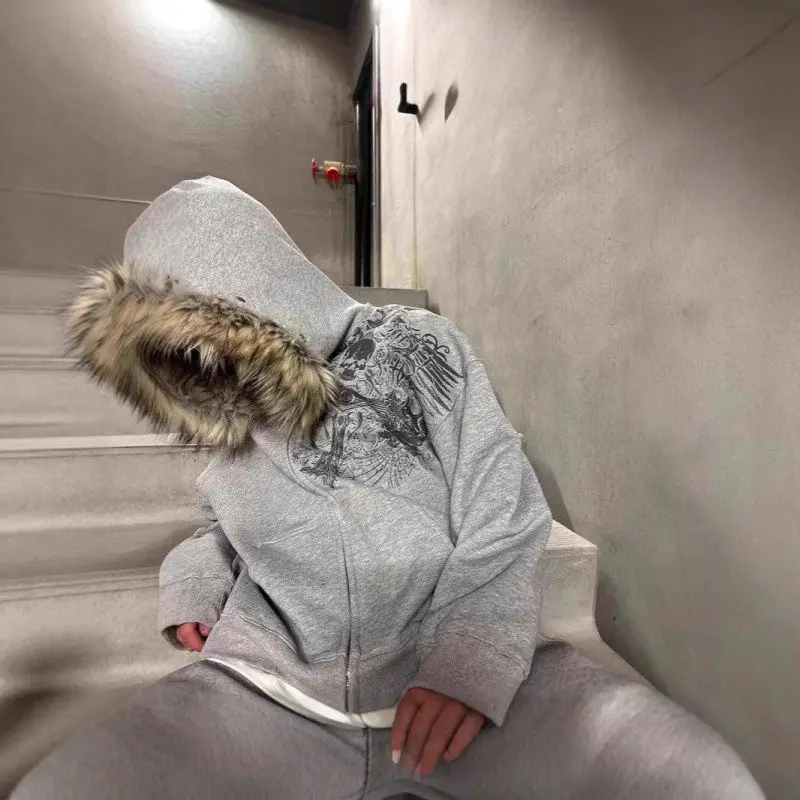 سترة قوطية ذات ياقة بسحاب من الجلد الاصطناعي سترة مفتوحة مطبوعة Y2K ملابس خارجية عصرية للنساء