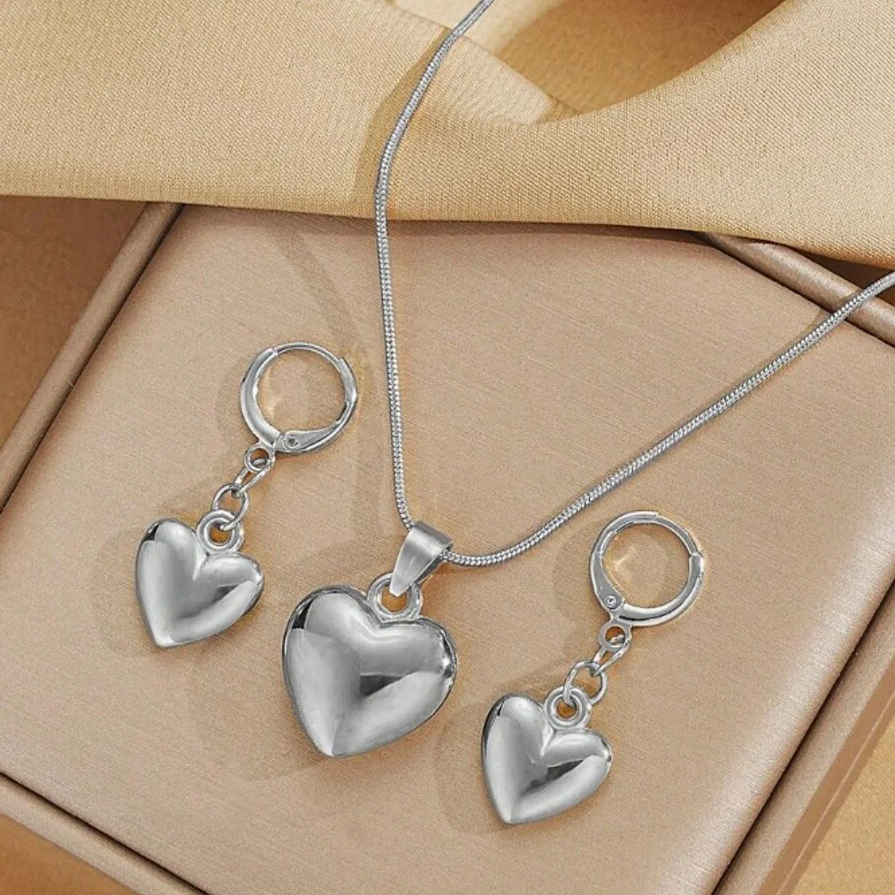 Glossy Gold Plated Metal Love Heart Dangle Earrings Necklace Jewelry Set for Women Simple Dainty Daily Wear Outfit Accessories image 5