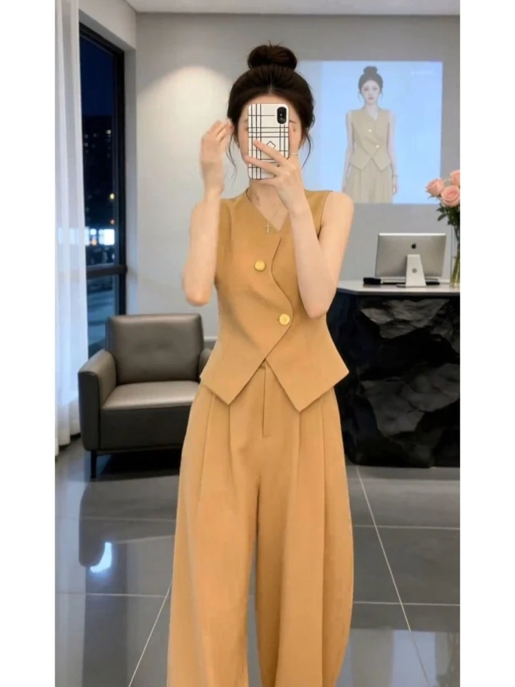 

Small Fragrant Style Fashion Two piece Set 2026 New Women's V-neck Irregular Button Design Vest+High Waist Wide Leg Pants
