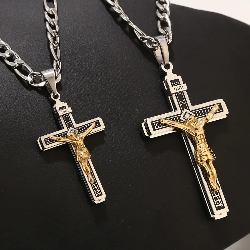 

Stainless Steel Large/Small Religious Crucifix Jesus Cross Necklace Pendant Multilayer Jesus Christ Crucifix Necklaces 24''