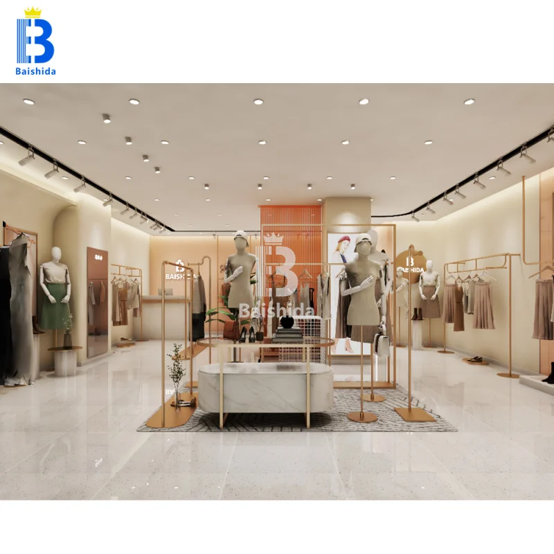 custom.Customized Boutique Whole Store Design Golden MDF Display Cabinet OEM ODM Clothing Rack Display Racks