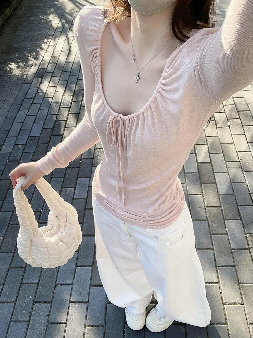Pink V-Neck Gathered Long Sleeve T-Shirt Women's Autumn Slimming Design Korean Style Top Casual Loose Fit Breathable Fabric
