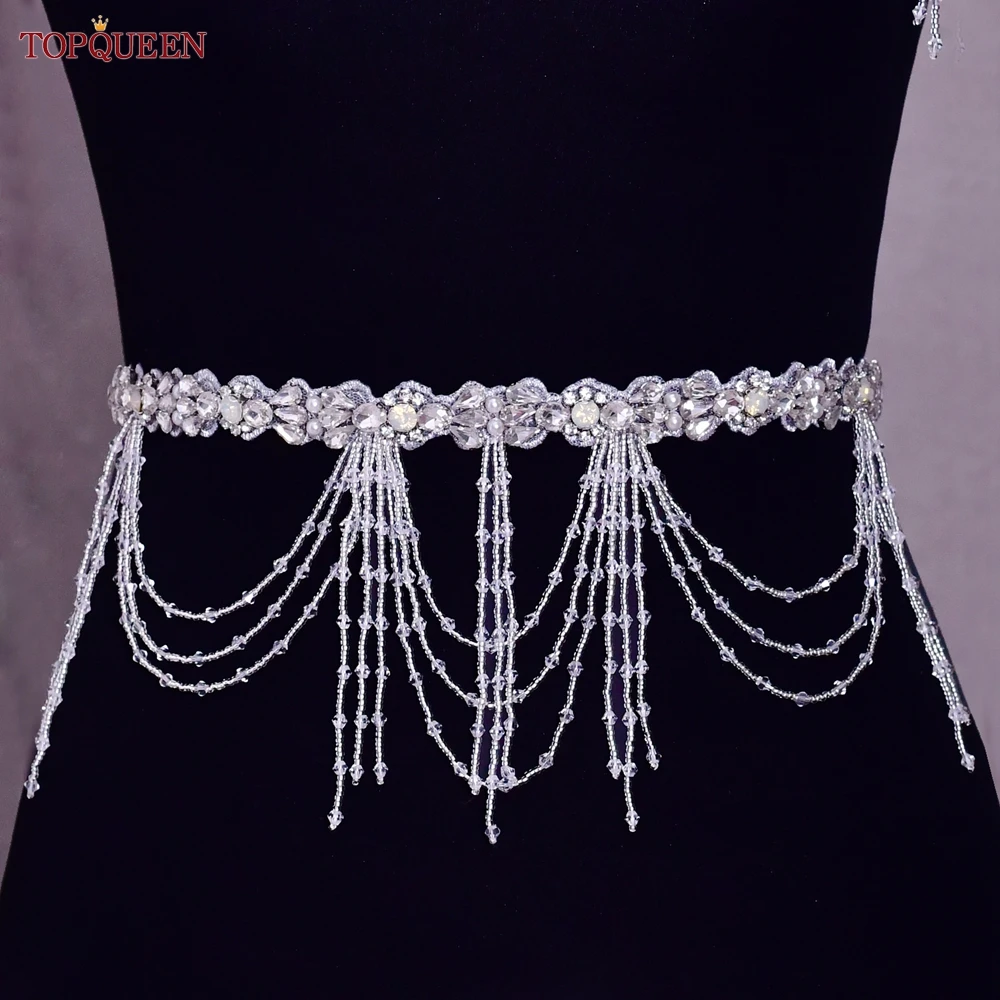 

TOPQUEEN Handmade Crystal Beaded Applique Sewing Wedding Shoulder Decoration Tassel Rhinestone Chain Belt S472A