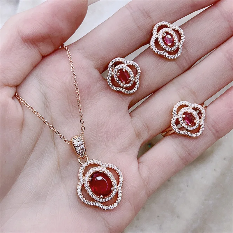 Vintage 925 Silver 18K Rose Gold 3ct Red Ruby Oval Gemstone Rings Earrings Necklace Jewelry Sets for Women Wedding Bridal