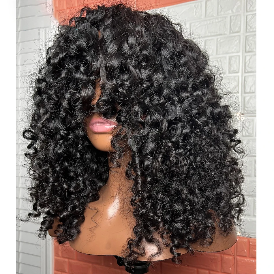 Soft Black 26 Inch Kinky Curly Machine Wig With Bangs For Women High Temperature Fiber Cosplay Glueless Daily Use Wig