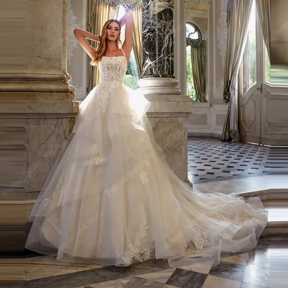 Sexy Strapless Sleeveless Women Wedding Dresses Vintage Lace Decals Tulle Bridal Gowns Princess Ball Vestido De Novia Customized
