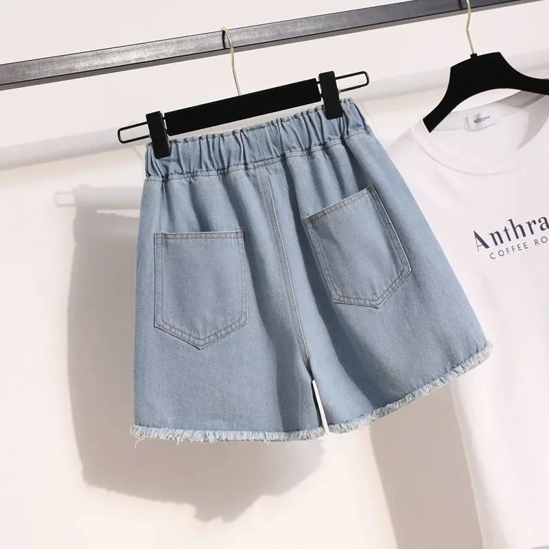 Amo shorts jeans bordados para mulheres, jeans curtos de cintura alta com renda, calças largas azuis, moda coreana, verão