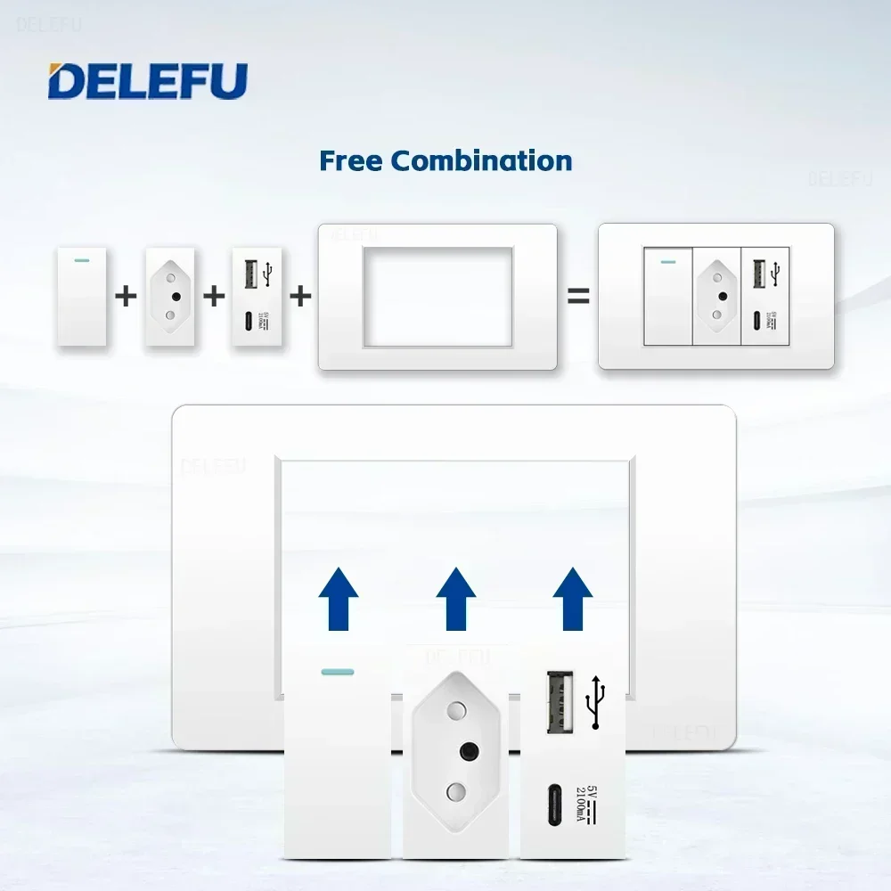 DELEFU-Prise de courant murale standard brésilienne avec double USB de type C, panneau PC blanc, interrupteur intelligent Tuya, WiFi, 10A, 20A,