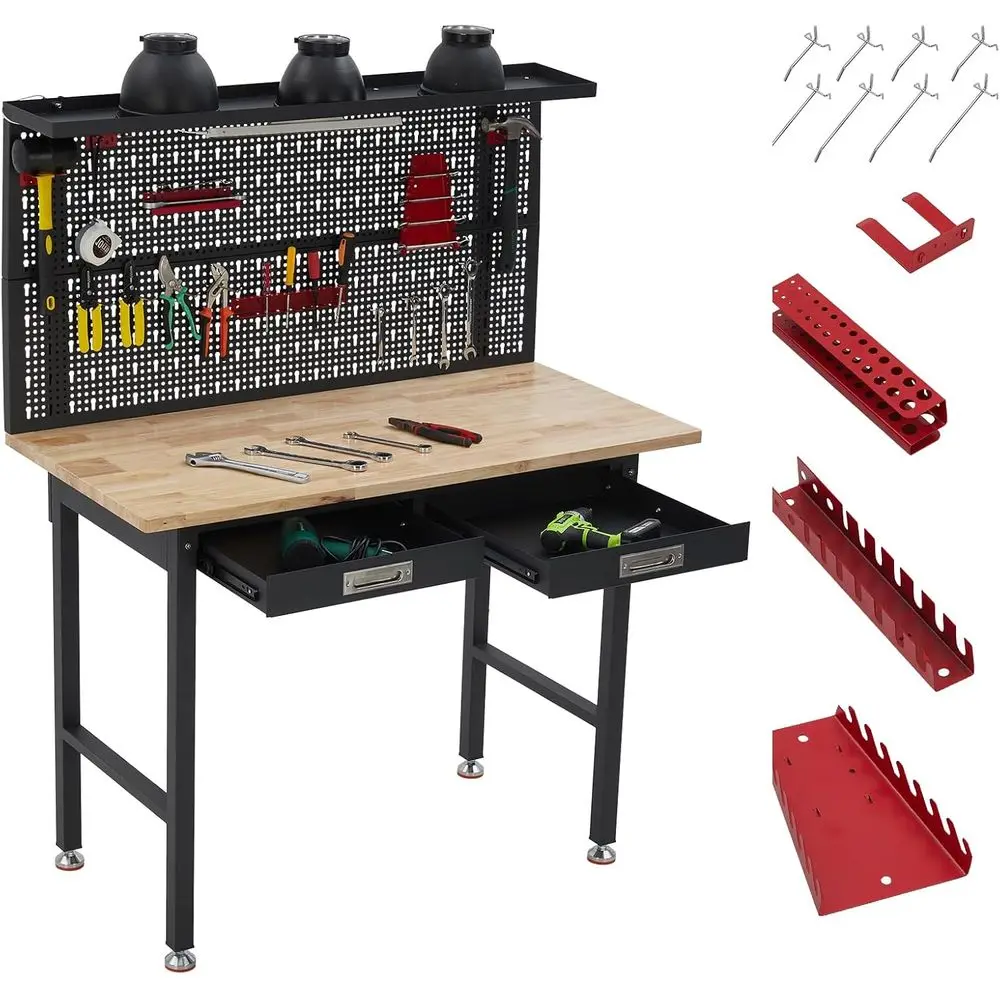 منضدة عمل صناعية مقاس 48 × 24 مع مخرج طاقة وإضاءة LED ولوح بيجبورد ودرج وطبقة من الخشب الصلب لورشة العمل/المكتب، كابا بقوة 2000 رطل