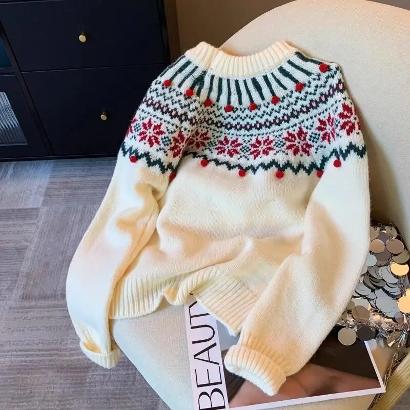 

New Year Girl Winter Pullover Women's Sweater Lazy Tops Knitwear Outerwear Jersey Clothes Christmas Red Long Sleeve New Knit