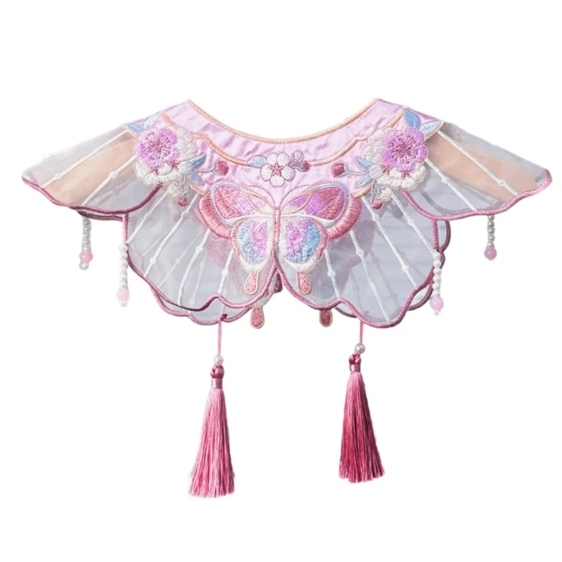 Childrens Chinese Style Embroidered Butterfly Flower False Collar Pearl Tassels Small Shawl Scarf for Vintage Dresses