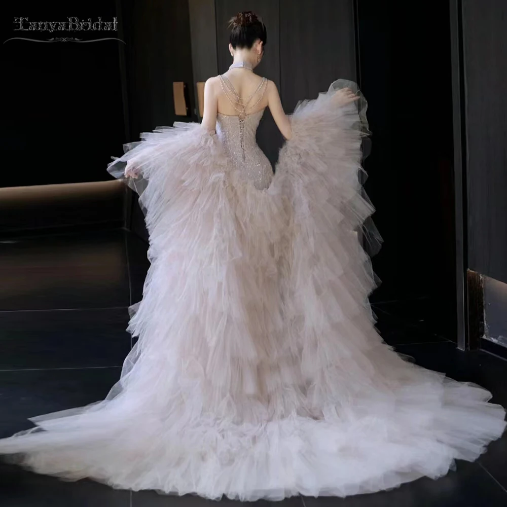 Mantello lungo da sposa in Tulle rosa chiaro, giacca da sposa moda a strati, accessori romantici. Cappotto da sera da donna DJ369