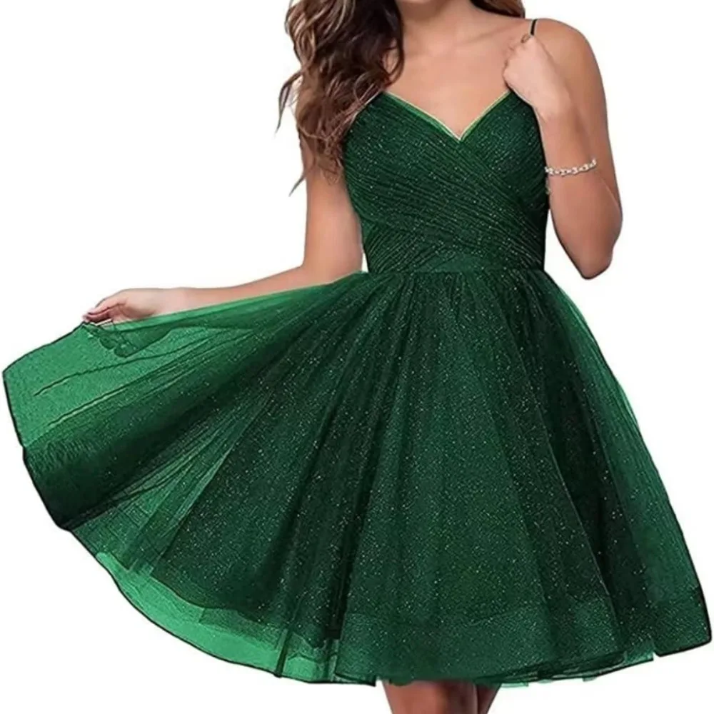 

Sparkle Sling Teens Homecoming Dresses Short Sparkly V Neck Glitter Tulle Spaghetti Straps Luxury Elegant Prom Graduation Dress