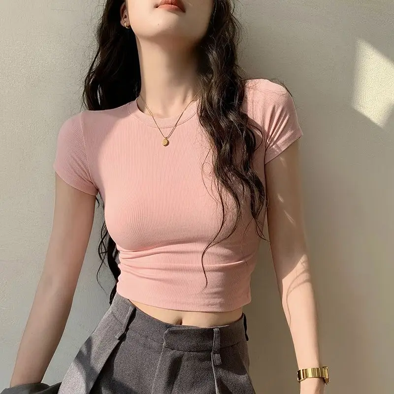 Zomer Nieuwe Draad Ronde Hals T-shirts Dameskleding Korte Mouwen Strakke Fit All-Match Eenvoud Koreaanse Temperament Chic tops