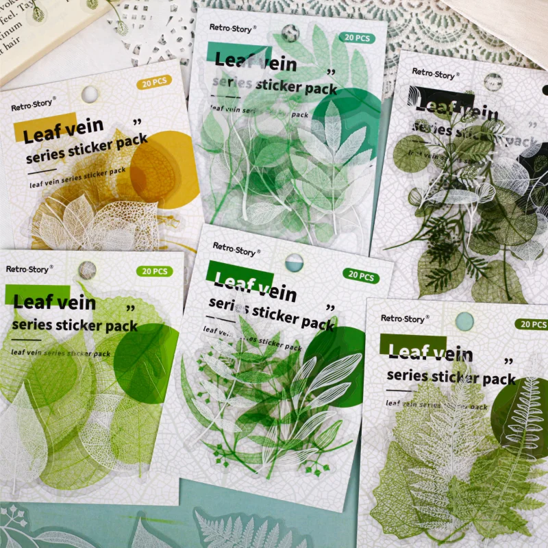 Card Lover 20 Pcs [Leaf Veins series] Leaf Themed Handmade Account DIY Material Decoration Sticker PET Material Scrapbook Kit