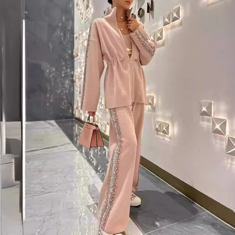 Fashion Solid Contrast Sequin Casual Set Women Drawstring Slim Top Jacket & Wide-leg Pants Outfit Autumn Winter Long Sleeve Suit