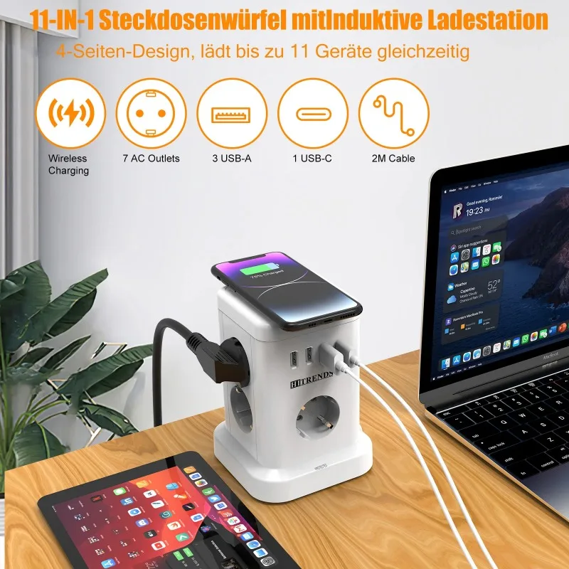 

Умная плата питания с вилкой европейского стандарта 7/11AC и беспроводным зарядным устройством, зарядка 3 USB 1 типа C, удлинительный кабель длиной 2 м, несколько розеток для дома