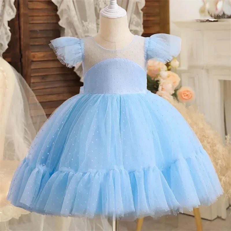 Toddler Tulle Dress for Flower Birthday Backless Bow Girls Gown Kids Party Wear Prince Pink Dresses Cute Baby Girl Bowknot Dress