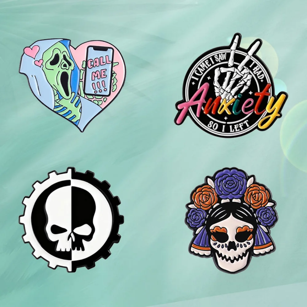 Gothic Pop Enamel Pins Set Call Me Ghost Heart Brooch Anxiety Skull Badge Floral Frida Skull Pin For Backpack Clothing Decor