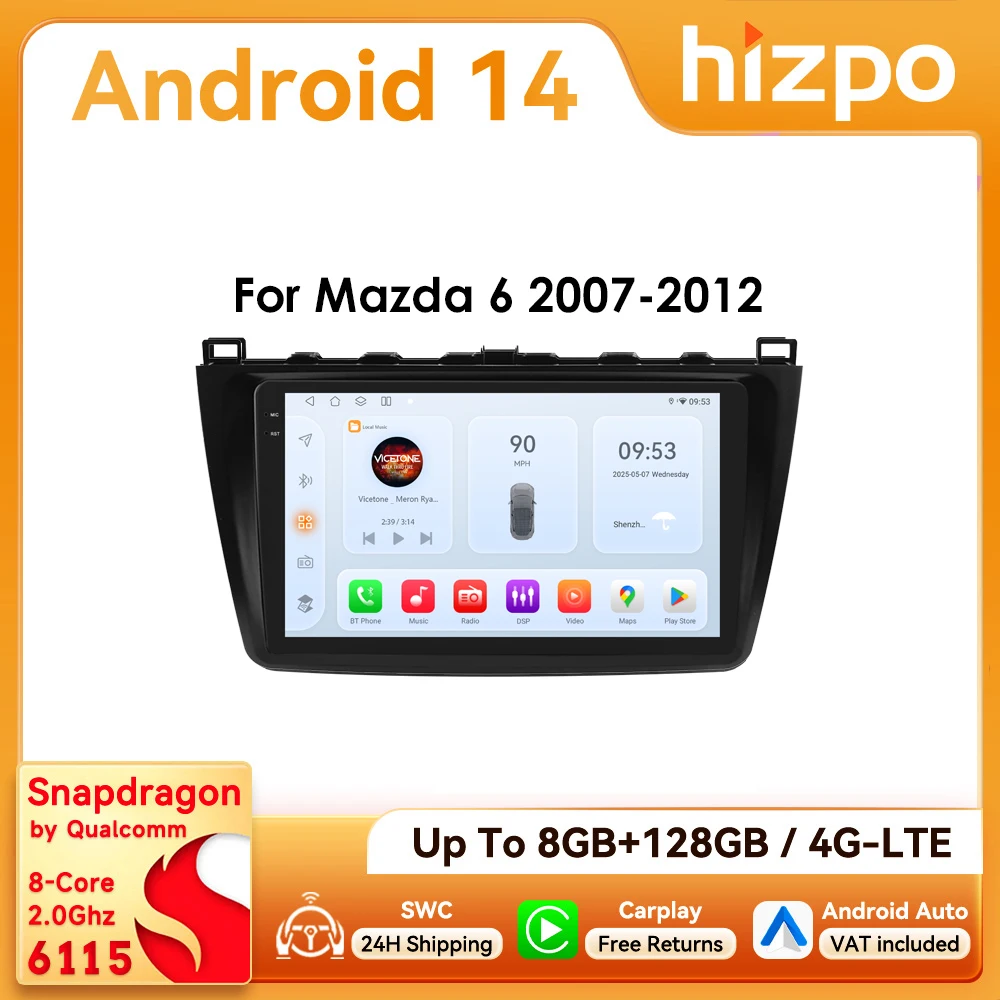 Hizpo 2Din 9 pollici Android Auto autoradio per Mazda 6 2007 - 2012 schermo CarPlay navigazione GPS 4G BT WiFi SWC DSP RDS 360 ° Cam