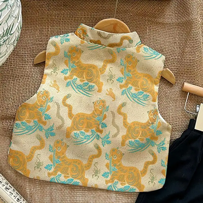 Kids New Chinese Style Tang Clothes Vest Jacket 2025 Spring Summer Sleeveless Top Boy Girl Button Up Vests Tang Costume Hanfu