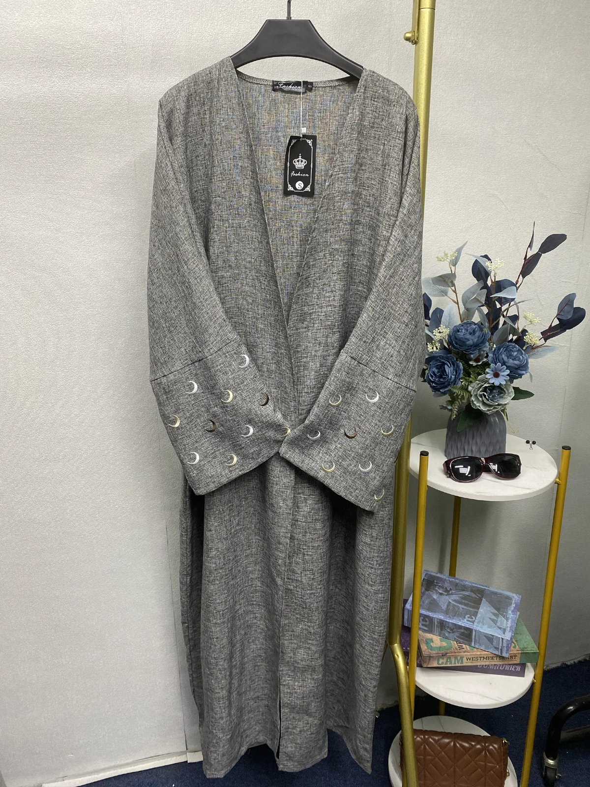 Ramadan 2024 Abaya Collection Linen Open Abaya with Bat Sleeves Moon Embroidery Dubai Islamic Saudi Women Loose Abayas no Hijab