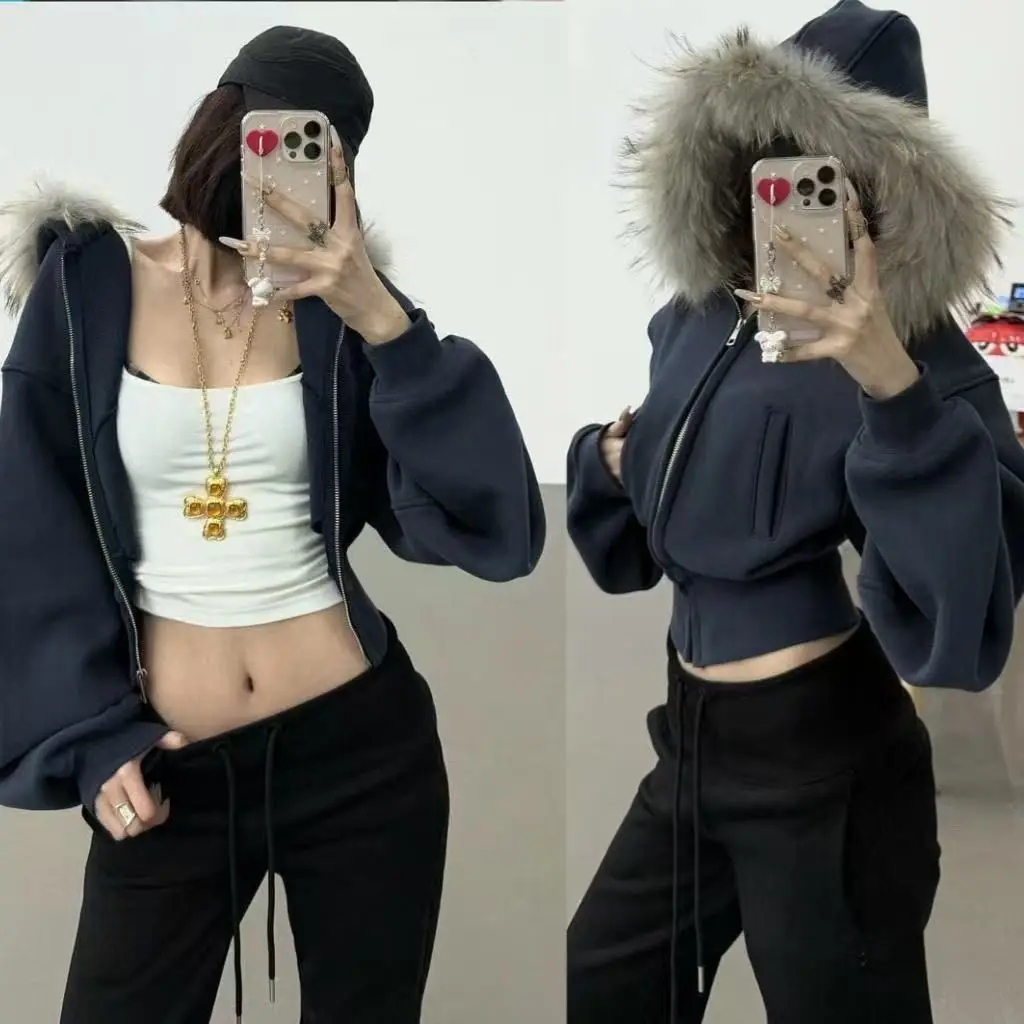

Punk Sle Hooded Jaet Women's ort Coat Autumn Winter Y2K Small Size Slim Fit Waist Inward Sweatirt Outerwear
