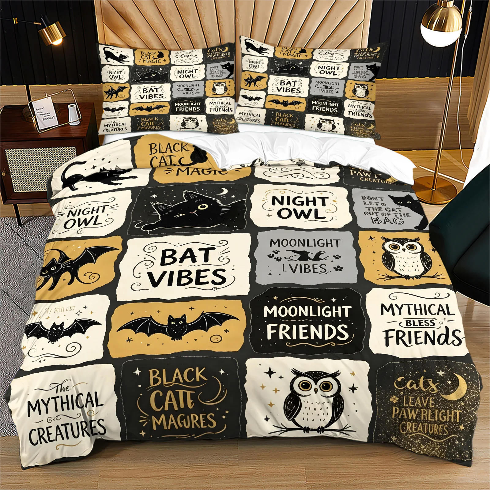 Halloween Duvet Cover Set Retro Black Cat Bat Owl Patchwork Bedding Set Gothic Text Print Bed Cover Pillowcase Home Decor