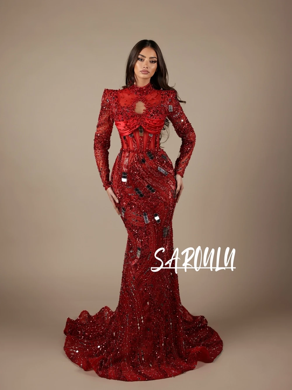 

Sparkly Red Mirrors Sequins Evening Dress Charming Long Sleeved High Neck Mermaid Prom Gown Sexy Cut Out Customized Formal Wear