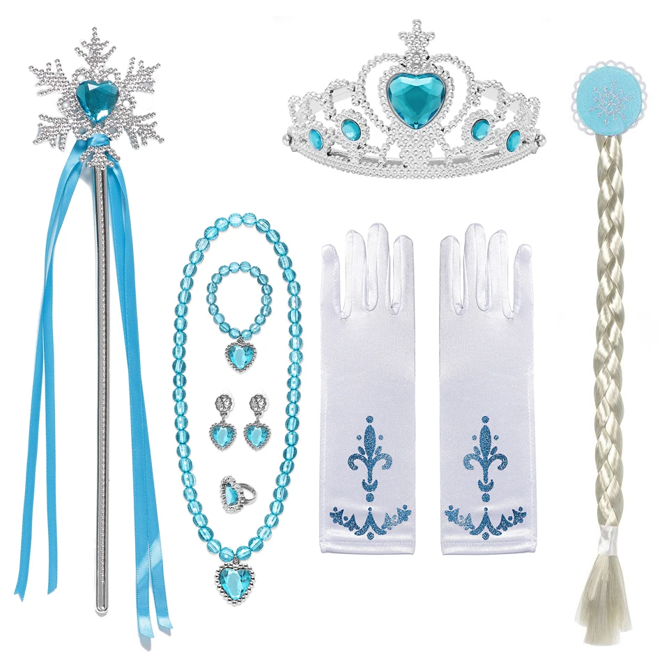 Disney Girl Princess Accessories Frozen 2 Elsa Wig Magic Wand Necklace Gloves Earring Handwear Suit Queen Children Cosplay Props