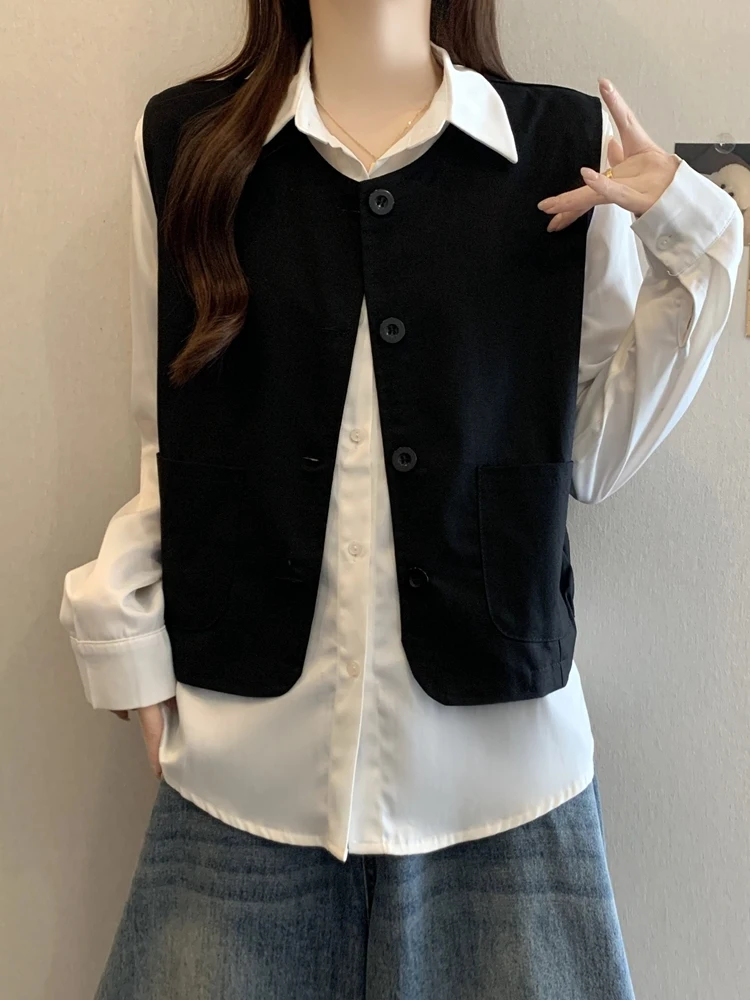 Elegant plus Size Women's Two-Piece Set with Open Cardigan Vest Base Shirt Spring Autumn Fashion Casual Comfortable Breathable