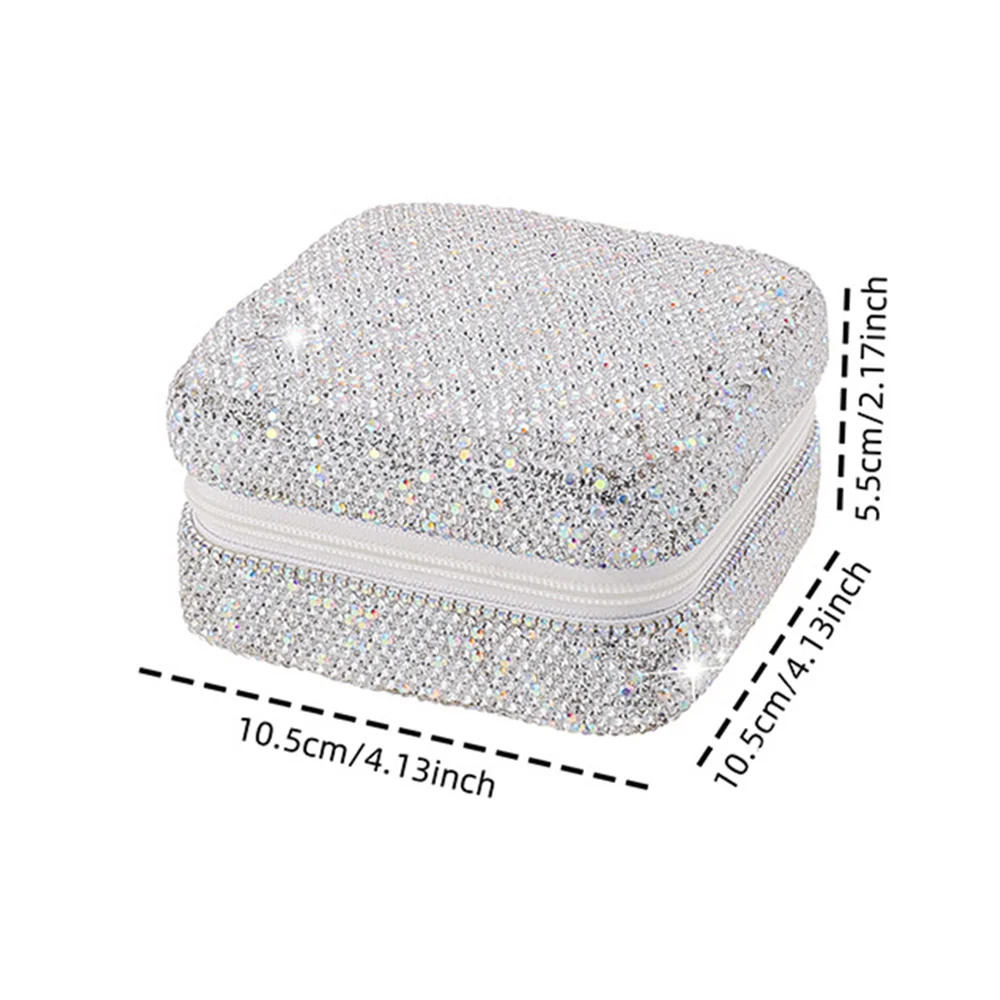 Luxury Bling Rhinestone Jewelry Box Double Layer With Mirror Portable Ring Holder Shiny Square Studded Jewelry Organizer