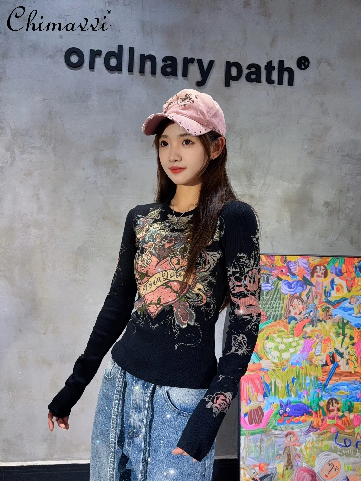 

High-End American Retro Heart Rhinestone Stretch T-Shirt Fashion Sweet Cool Base Shirt Slim Fit Short Women's Long Sleeve Tops