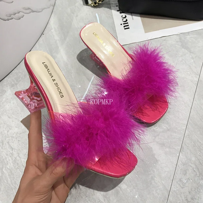 Ladies Fashion Feather Slippers Transparent Strange High Heels For Women Clear PVC Square Open Toe Fur Sandals Heels Mules Slide